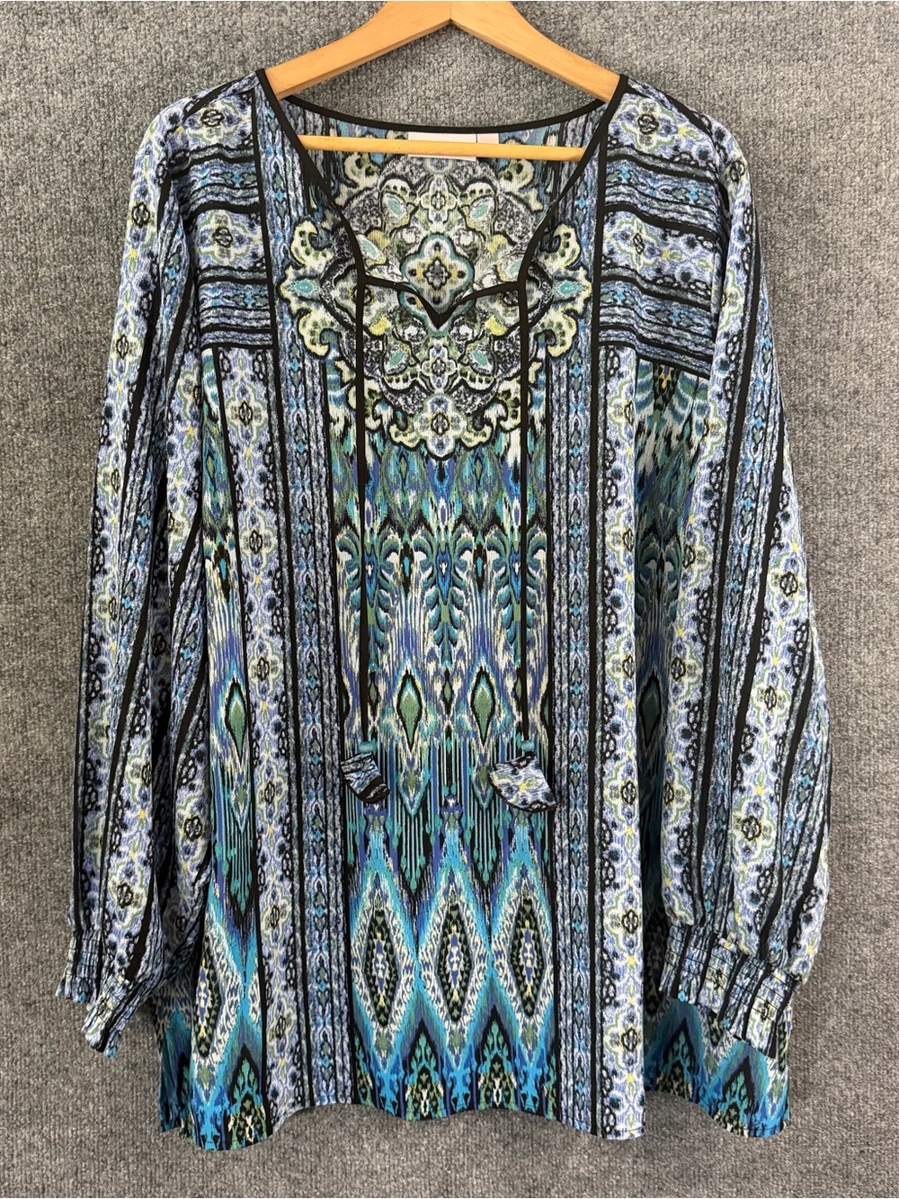 Belle Kim Gravel Womens 2X Tunic Top Long Sleeve Blue Green  Boho Office Career